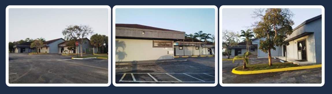 Exterior views of the Park Plaza commercial complex and parking area